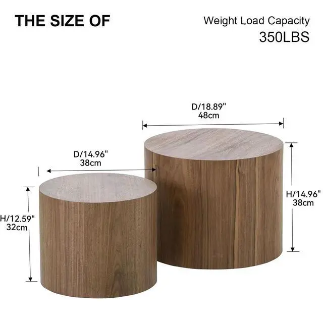 Alt view image 2 of 7 - Nesting Coffee Table Set of 2, Modern Round Coffee Table with Non-Slip Feet, Walnut Wooden Circle Accent Tables for Small Spaces Living Room Bedroom Balcony Office Drum Side Table (Walnut)