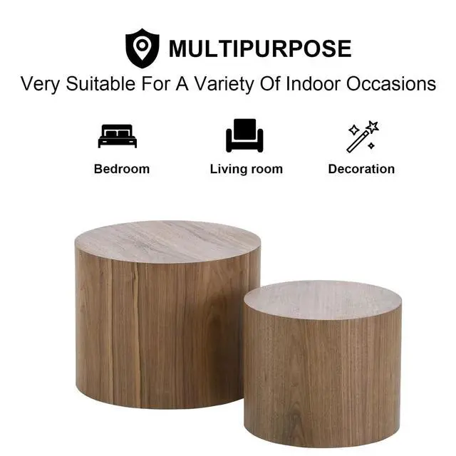 Alt view image 4 of 7 - Nesting Coffee Table Set of 2, Modern Round Coffee Table with Non-Slip Feet, Walnut Wooden Circle Accent Tables for Small Spaces Living Room Bedroom Balcony Office Drum Side Table (Walnut)