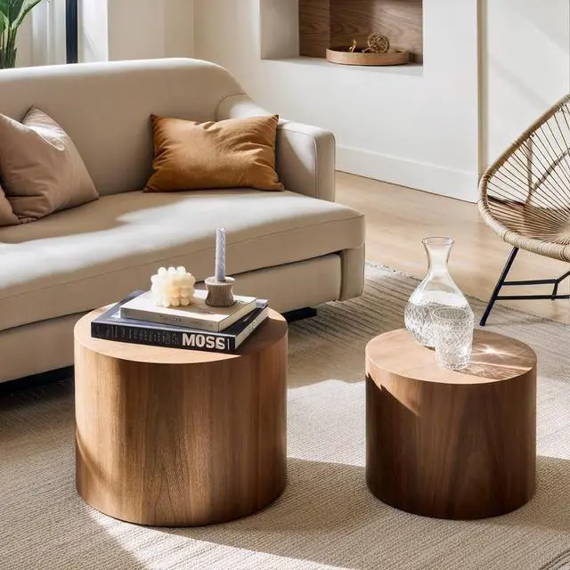 Alt view image 5 of 7 - Nesting Coffee Table Set of 2, Modern Round Coffee Table with Non-Slip Feet, Walnut Wooden Circle Accent Tables for Small Spaces Living Room Bedroom Balcony Office Drum Side Table (Walnut)