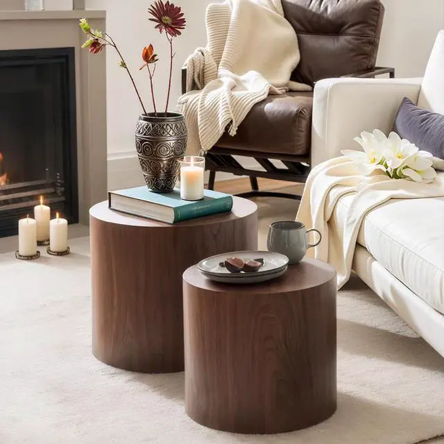 Alt view image 7 of 7 - Nesting Coffee Table Set of 2, Modern Round Coffee Table with Non-Slip Feet, Walnut Wooden Circle Accent Tables for Small Spaces Living Room Bedroom Balcony Office Drum Side Table (Walnut)