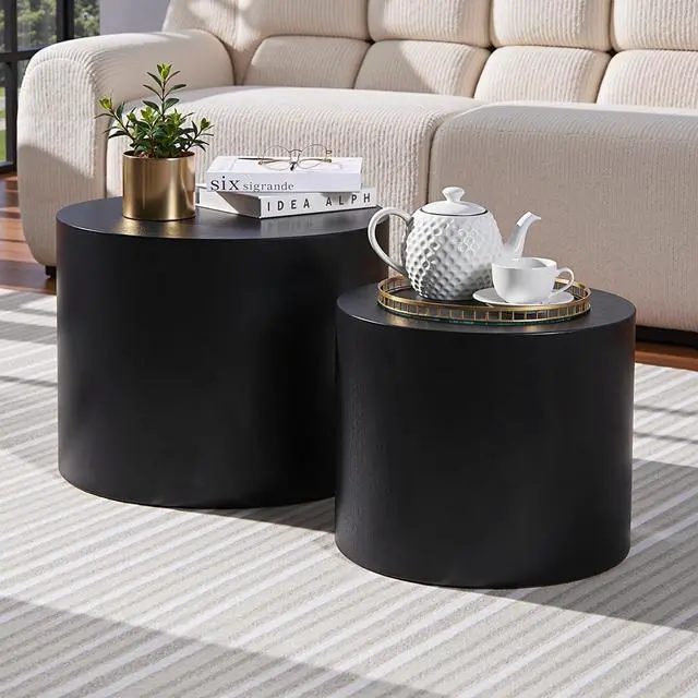 Main image of Nesting Coffee Table Set of 2, Modern Round Coffee Table with Non-Slip Feet, Wooden Circle Accent Tables for Small Spaces Living Room Bedroom Balcony Office Drum Side Table (Black)