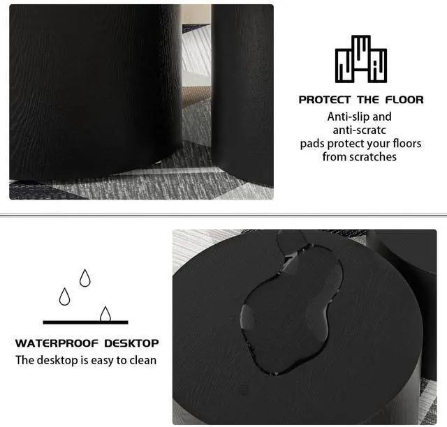 Alt view image 3 of 7 - Nesting Coffee Table Set of 2, Modern Round Coffee Table with Non-Slip Feet, Wooden Circle Accent Tables for Small Spaces Living Room Bedroom Balcony Office Drum Side Table (Black)