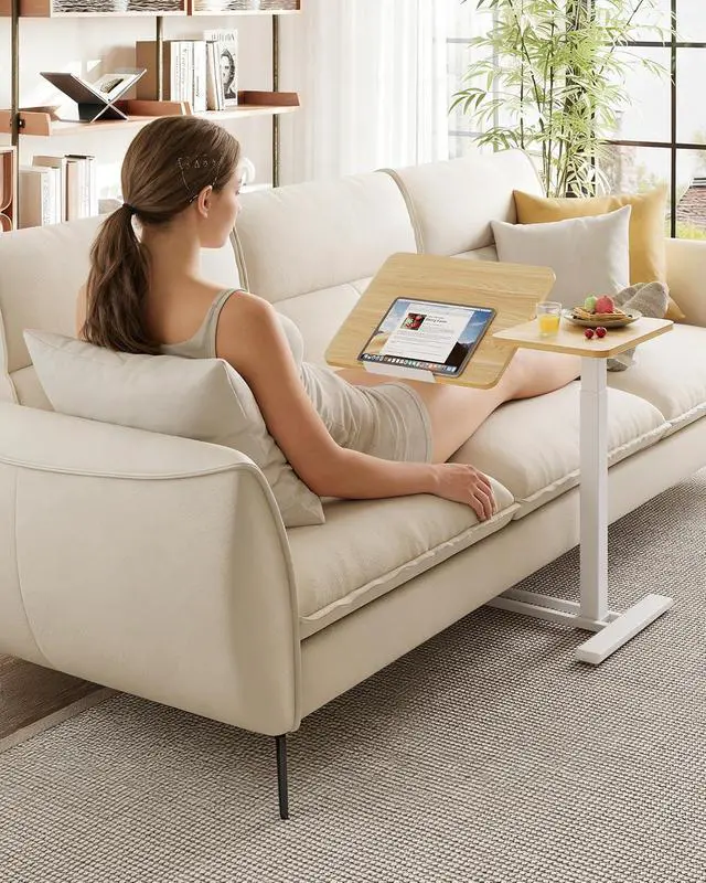 Alt view image 5 of 7 - Small Rolling Overbed Table Adjustable Height with Wheels, Mobile Laptop Desk with Tilting Desktop, Portable Computer Workstation for Home Office, Classroom, Bedside, Maple