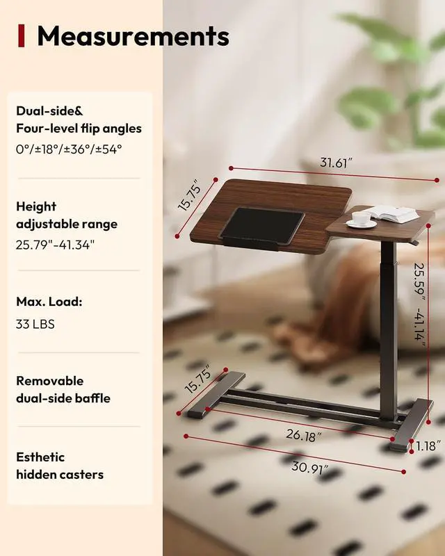 Alt view image 3 of 7 - Small Rolling Overbed Table Adjustable Height with Wheels, Mobile Laptop Desk with Tilting Desktop, Portable Computer Workstation for Home Office, Classroom, Bedside, Black Walnut