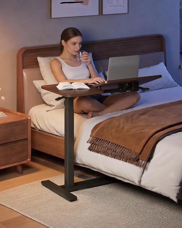 Alt view image 2 of 7 - Small Rolling Overbed Table Adjustable Height with Wheels, Mobile Laptop Desk with Tilting Desktop, Portable Computer Workstation for Home Office, Classroom, Bedside, Black Walnut