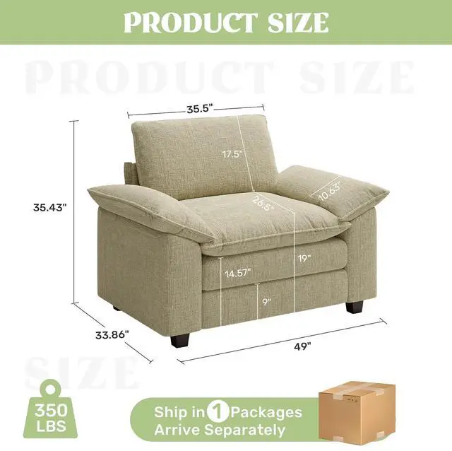 Alt view image 2 of 4 - 49" Single Sofa Seat,Comfy Cloud Couch Sectional Sofa, Chenille Sleeper Deep Seat Sofas for Living Room,Bedroom and Apartment,Khaki