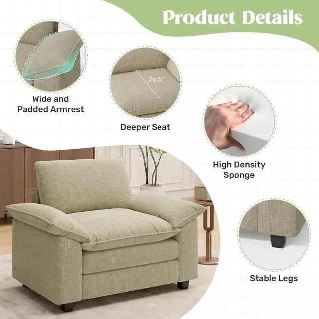 Alt view image 3 of 4 - 49" Single Sofa Seat,Comfy Cloud Couch Sectional Sofa, Chenille Sleeper Deep Seat Sofas for Living Room,Bedroom and Apartment,Khaki
