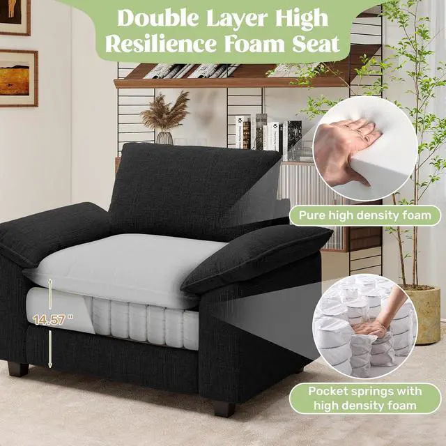 Alt view image 4 of 4 - 49" Single Sofa Seat,Comfy Cloud Couch Sectional Sofa,Chenille Sleeper Deep Seat Sofas for Living Room,Bedroom and Apartment,Black