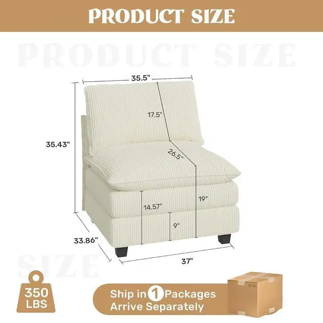 Alt view image 2 of 4 - 37" Single Sofa Seat,Comfy Cloud Couch Sectional Sofa, Corduroy Sleeper Deep Seat Sofas for Living Room,Bedroom and Apartment,Beige