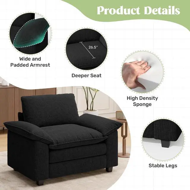 Alt view image 3 of 4 - 49" Single Sofa Seat,Comfy Cloud Couch Sectional Sofa,Chenille Sleeper Deep Seat Sofas for Living Room,Bedroom and Apartment,Black