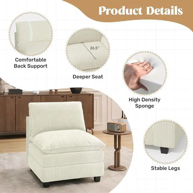 Alt view image 3 of 4 - 37" Single Sofa Seat,Comfy Cloud Couch Sectional Sofa, Corduroy Sleeper Deep Seat Sofas for Living Room,Bedroom and Apartment,Beige