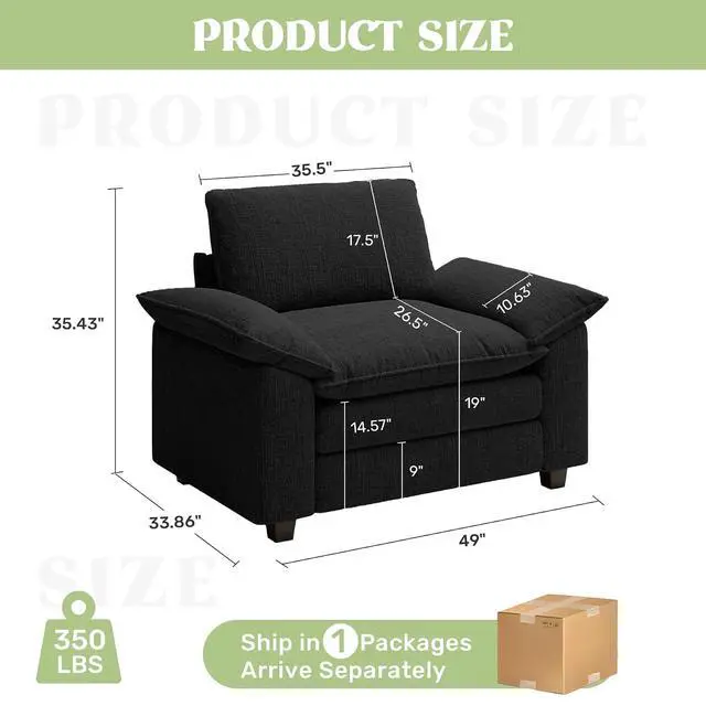Alt view image 2 of 4 - 49" Single Sofa Seat,Comfy Cloud Couch Sectional Sofa,Chenille Sleeper Deep Seat Sofas for Living Room,Bedroom and Apartment,Black