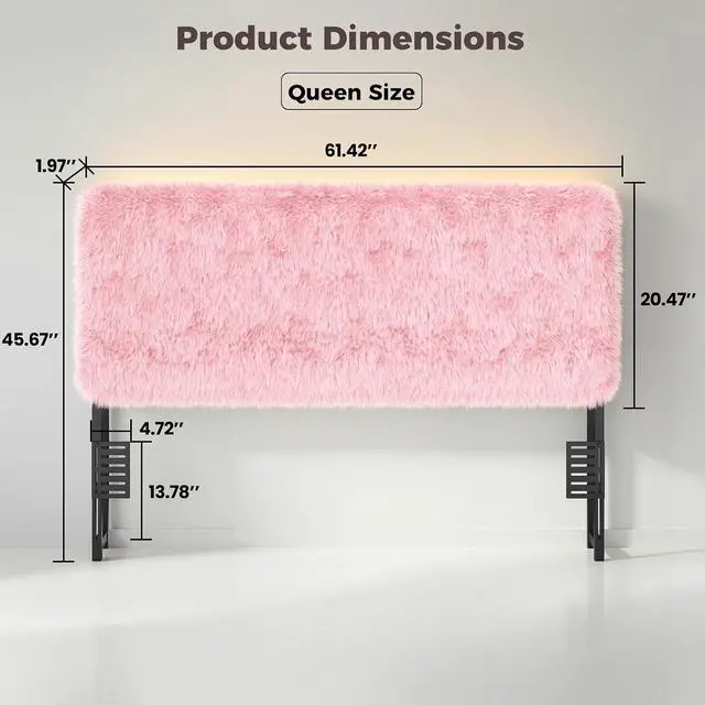 Alt view image 2 of 7 - Princess Headboard Queen Size, Upholstered Plush Headboard, 42.1" to 46.1" Adjustable Height, Pink