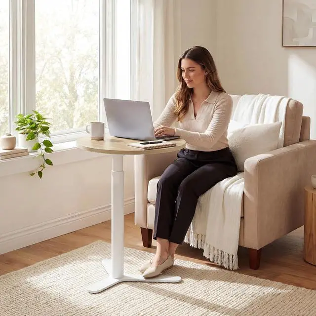 Alt view image 4 of 7 - Pneumatic Height Adjustable Round Dining Table, 19.7" Portable Bar Table, Wooden Overbed Table for Laptop, Snacks & Coffee, Ideal for Living Room, Bedroom, Home Office(Wood Grain)