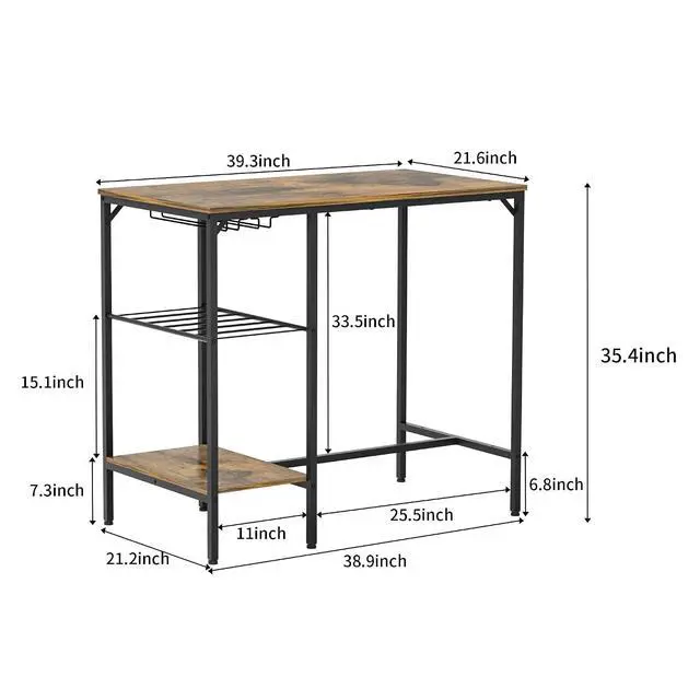 Alt view image 2 of 7 - Dining Table Set for 2, Counter Height Kitchen Table and Chairs with 2 Upholstered Stools, Bar Table Set with 2 Storage Shelves, 3 Piece Dining Room Table Set for Small Space, Retro Brown