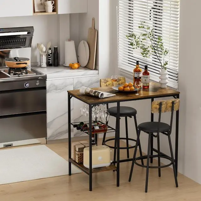 Alt view image 3 of 7 - Dining Table Set for 2, Counter Height Kitchen Table and Chairs with 2 Upholstered Stools, Bar Table Set with 2 Storage Shelves, 3 Piece Dining Room Table Set for Small Space, Retro Brown