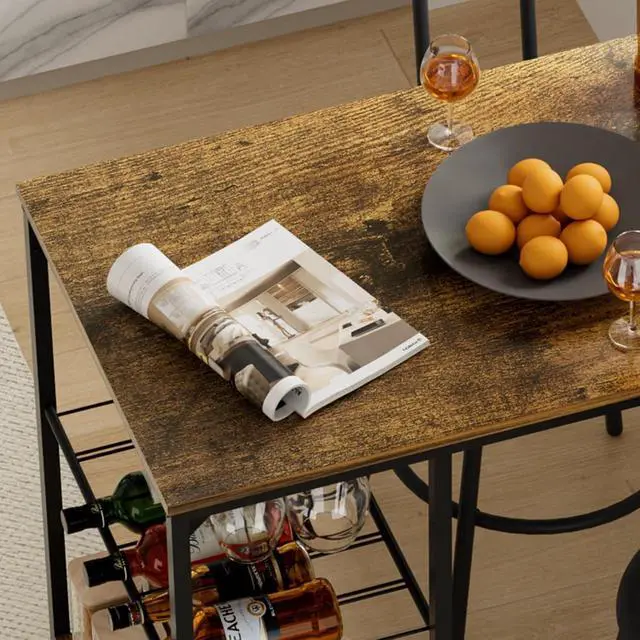 Alt view image 4 of 7 - Dining Table Set for 2, Counter Height Kitchen Table and Chairs with 2 Upholstered Stools, Bar Table Set with 2 Storage Shelves, 3 Piece Dining Room Table Set for Small Space, Retro Brown
