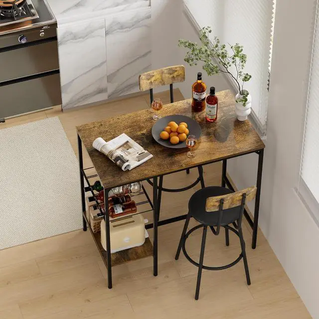 Main image of Dining Table Set for 2, Counter Height Kitchen Table and Chairs with 2 Upholstered Stools, Bar Table Set with 2 Storage Shelves, 3 Piece Dining Room Table Set for Small Space, Retro Brown