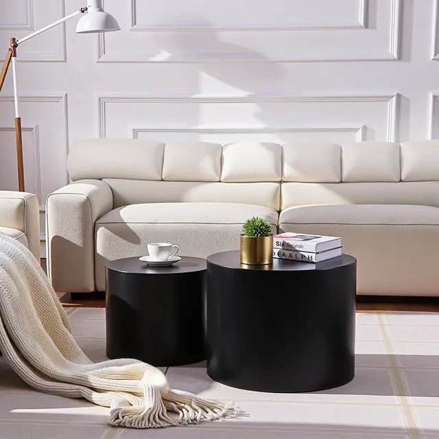 Alt view image 7 of 7 - Nesting Coffee Table Set of 2, Modern Round Coffee Table with Non-Slip Feet, Wooden Circle Accent Tables for Small Spaces Living Room Bedroom Balcony Office Drum Side Table (Black)