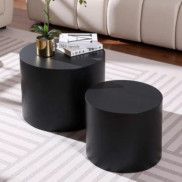 Alt view image 5 of 7 - Nesting Coffee Table Set of 2, Modern Round Coffee Table with Non-Slip Feet, Wooden Circle Accent Tables for Small Spaces Living Room Bedroom Balcony Office Drum Side Table (Black)