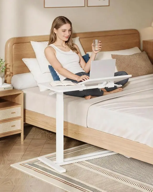 Alt view image 2 of 7 - Small Rolling Overbed Table Adjustable Height with Wheels, Mobile Laptop Desk with Tilting Desktop, Portable Computer Workstation for Home Office, Classroom, Bedside, White