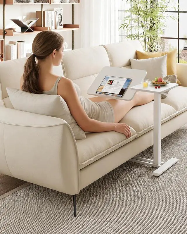 Alt view image 5 of 7 - Small Rolling Overbed Table Adjustable Height with Wheels, Mobile Laptop Desk with Tilting Desktop, Portable Computer Workstation for Home Office, Classroom, Bedside, White