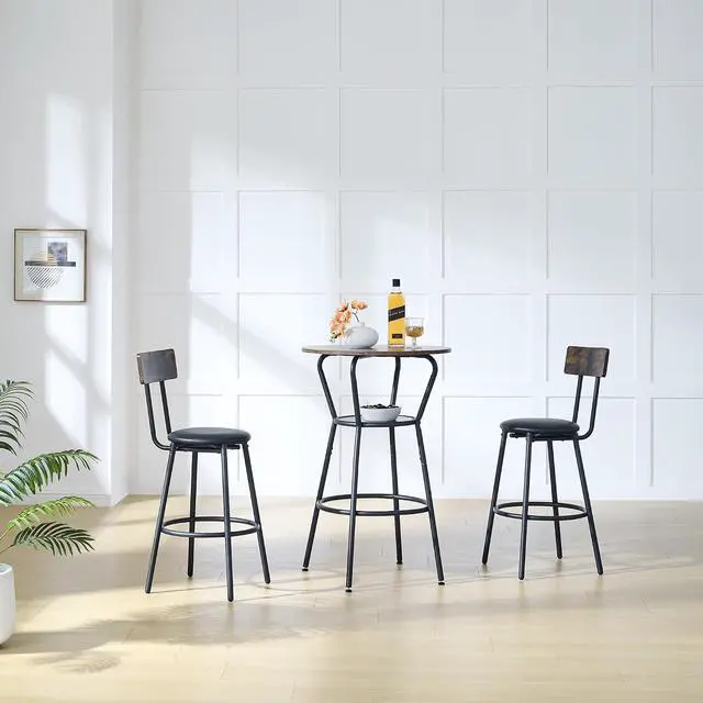 Alt view image 3 of 7 - 3-Piece Bar Table Set with Shelf, Small 2-Tier Round Bistro Pub Dining Table & PU Upholstered Stools with Backrest, Counter Height Table and Chairs Set for Kitchen Small Space, Rustic Brown