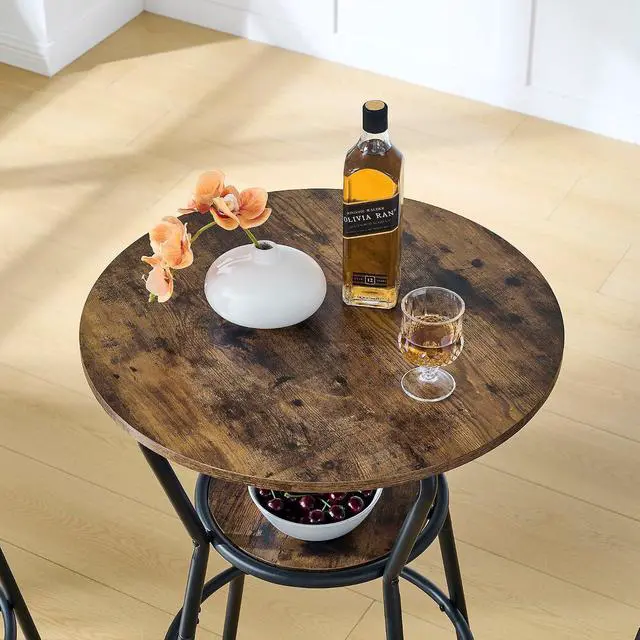 Alt view image 4 of 7 - 3-Piece Bar Table Set with Shelf, Small 2-Tier Round Bistro Pub Dining Table & PU Upholstered Stools with Backrest, Counter Height Table and Chairs Set for Kitchen Small Space, Rustic Brown
