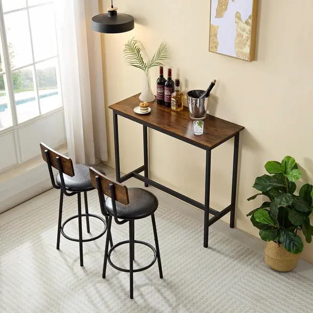 Main image of 3 Piece Dining Table Set Industrial Small Bar Table and Chairs Set for 2, Metal Base Kitchen Counter Height Dining Table Set with 2 PU Upholstered Chairs with Backrest for Bars, Brown