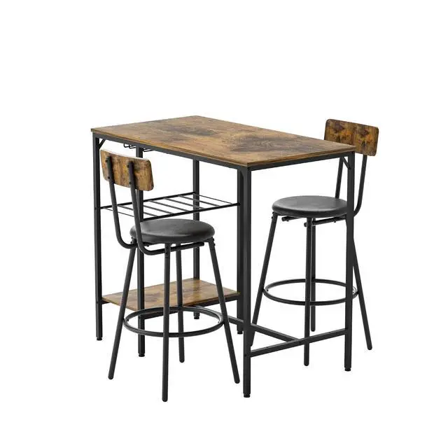 Alt view image 6 of 7 - Dining Table Set for 2, Counter Height Kitchen Table and Chairs with 2 Upholstered Stools, Bar Table Set with 2 Storage Shelves, 3 Piece Dining Room Table Set for Small Space, Retro Brown