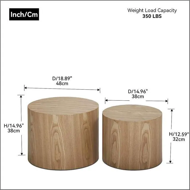 Alt view image 2 of 6 - Nesting Coffee Table Set of 2, Modern Round Coffee Table with Non-Slip Feet, Oak Wooden Circle Accent Tables for Small Spaces Living Room Bedroom Balcony Office Drum Side Table