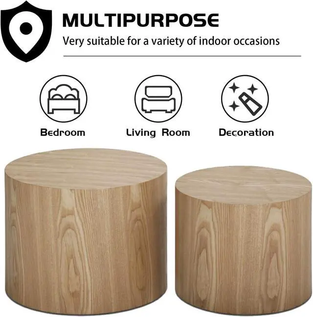Alt view image 3 of 6 - Nesting Coffee Table Set of 2, Modern Round Coffee Table with Non-Slip Feet, Oak Wooden Circle Accent Tables for Small Spaces Living Room Bedroom Balcony Office Drum Side Table