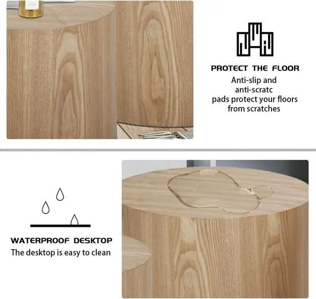 Alt view image 4 of 6 - Nesting Coffee Table Set of 2, Modern Round Coffee Table with Non-Slip Feet, Oak Wooden Circle Accent Tables for Small Spaces Living Room Bedroom Balcony Office Drum Side Table