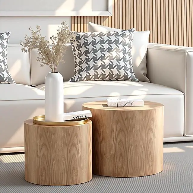 Alt view image 6 of 6 - Nesting Coffee Table Set of 2, Modern Round Coffee Table with Non-Slip Feet, Oak Wooden Circle Accent Tables for Small Spaces Living Room Bedroom Balcony Office Drum Side Table