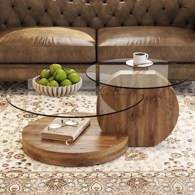 Main image of 42 Inches Glass Coffee Table, Modern Round Tempered Glass Coffee Tables for Living Room, 3-Tier Circle Wood Coffee Table with Storage Clear Cocktail Table for Small Space Home Office (Wood)