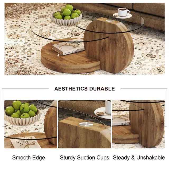 Alt view image 3 of 7 - 42 Inches Glass Coffee Table, Modern Round Tempered Glass Coffee Tables for Living Room, 3-Tier Circle Wood Coffee Table with Storage Clear Cocktail Table for Small Space Home Office (Wood)