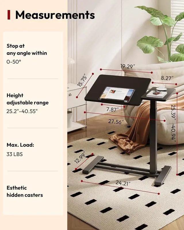 Alt view image 3 of 7 - Small Rolling Overbed Table Adjustable Height with Wheels, Mobile Laptop Desk with Tilting Desktop, Portable Computer Workstation for Home Office, Classroom, Bedside, Black