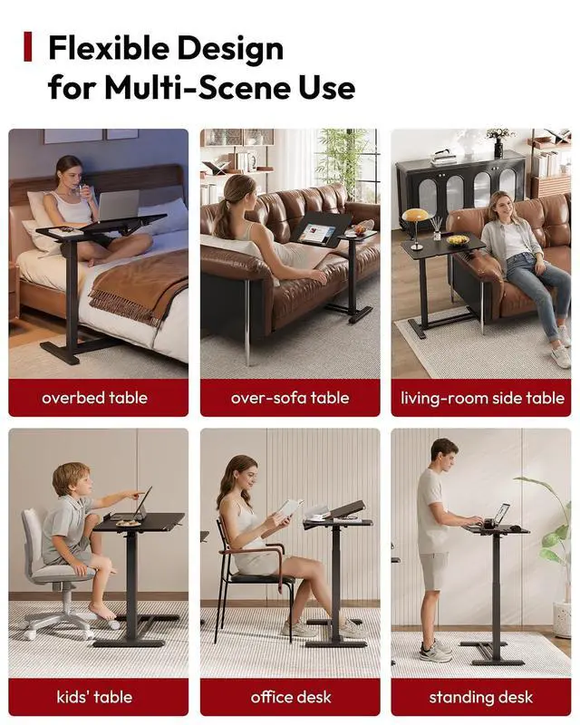 Alt view image 7 of 7 - Small Rolling Overbed Table Adjustable Height with Wheels, Mobile Laptop Desk with Tilting Desktop, Portable Computer Workstation for Home Office, Classroom, Bedside, Black