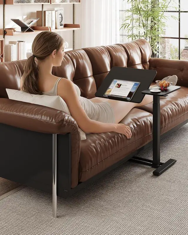 Alt view image 5 of 7 - Small Rolling Overbed Table Adjustable Height with Wheels, Mobile Laptop Desk with Tilting Desktop, Portable Computer Workstation for Home Office, Classroom, Bedside, Black