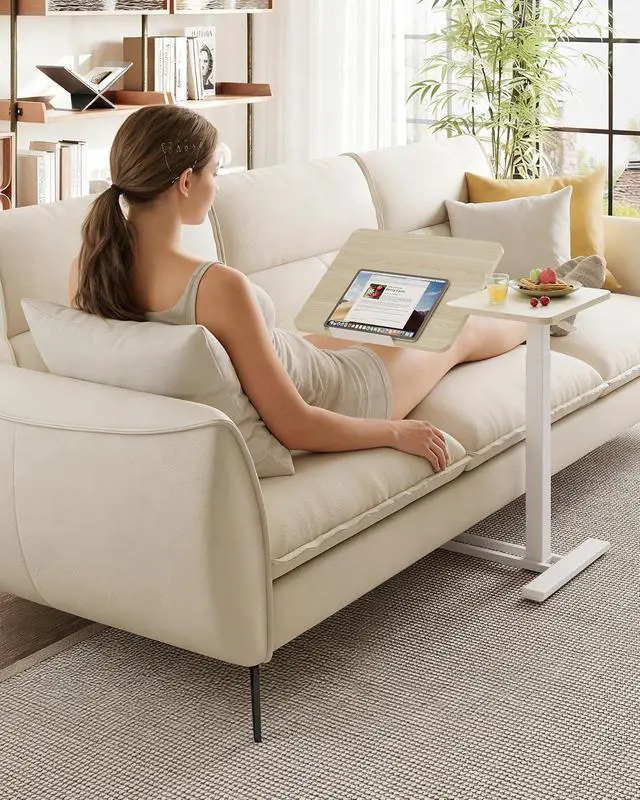 Alt view image 5 of 7 - Small Rolling Overbed Table Adjustable Height with Wheels, Mobile Laptop Desk with Tilting Desktop, Portable Computer Workstation for Home Office, Classroom, Bedside, Wood Grain
