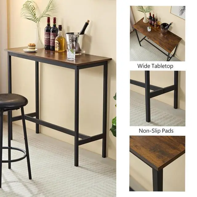 Alt view image 3 of 7 - 3 Piece Dining Table Set Industrial Small Bar Table and Chairs Set for 2, Metal Base Kitchen Counter Height Dining Table Set with 2 PU Upholstered Chairs with Backrest for Bars, Brown