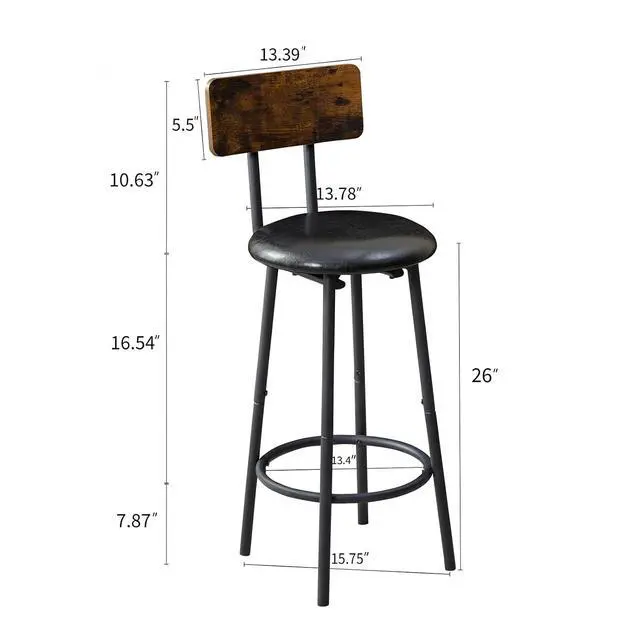 Alt view image 2 of 7 - 3 Piece Dining Table Set Industrial Small Bar Table and Chairs Set for 2, Metal Base Kitchen Counter Height Dining Table Set with 2 PU Upholstered Chairs with Backrest for Bars, Brown