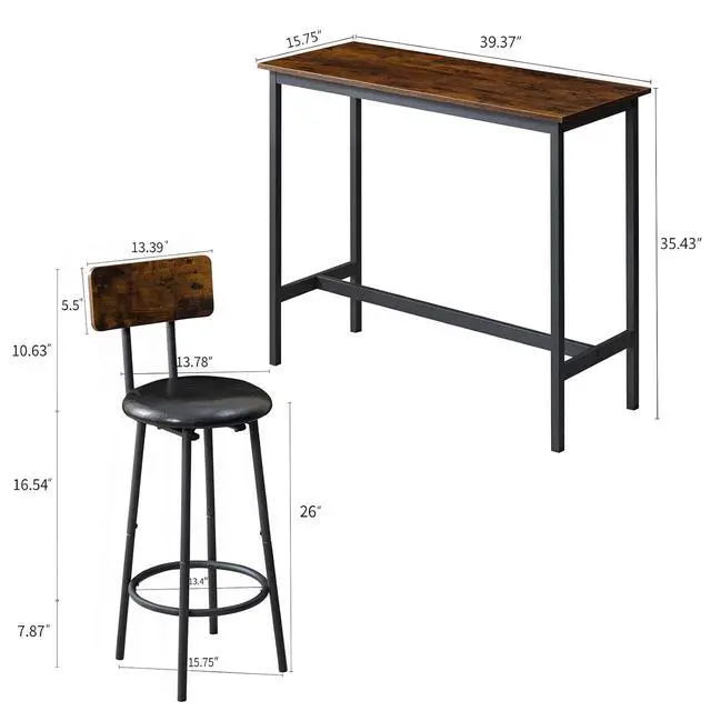 Alt view image 5 of 7 - 3 Piece Dining Table Set Industrial Small Bar Table and Chairs Set for 2, Metal Base Kitchen Counter Height Dining Table Set with 2 PU Upholstered Chairs with Backrest for Bars, Brown