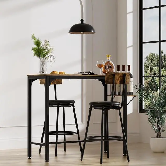 Alt view image 4 of 7 - 3 Piece Industrial Bar Table and Chairs Set for 2 Dining Table Set with 2 PU Upholstered Stools, Metal Base Kitchen Counter Height Dining Table Set with Adjustable Table Base, Brown