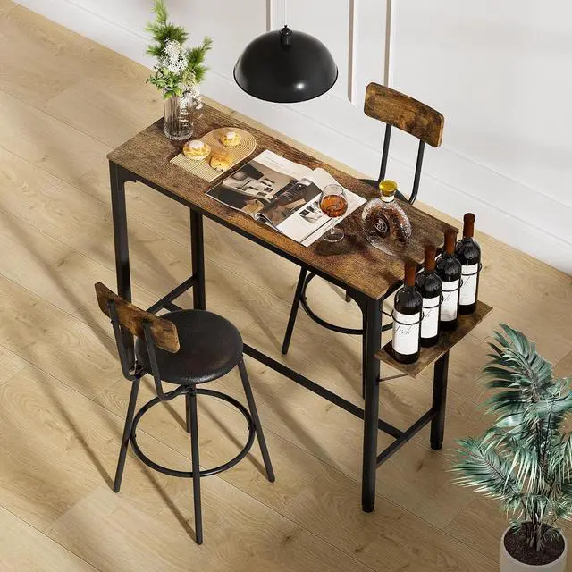 Main image of 3 Piece Industrial Bar Table and Chairs Set for 2 Dining Table Set with 2 PU Upholstered Stools, Metal Base Kitchen Counter Height Dining Table Set with Adjustable Table Base, Brown