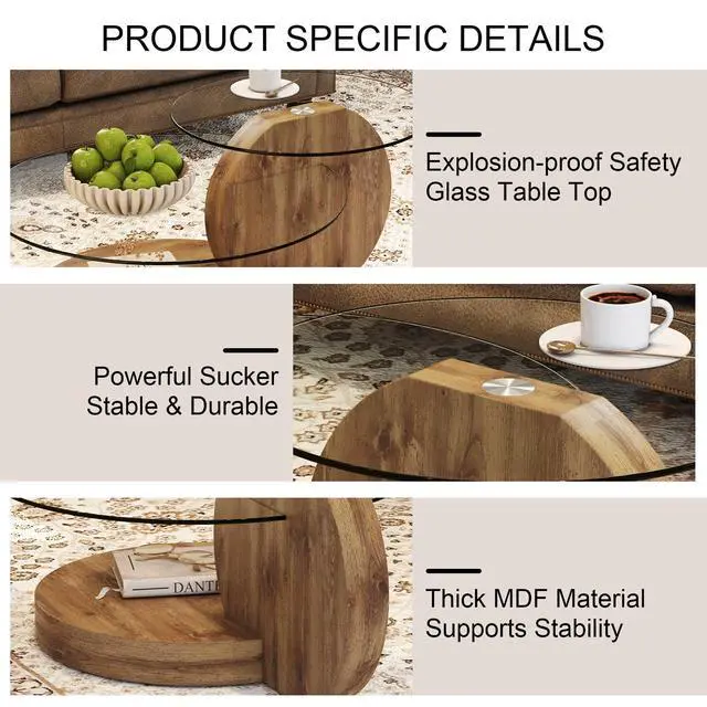 Alt view image 4 of 7 - 42 Inches Glass Coffee Table, Modern Round Tempered Glass Coffee Tables for Living Room, 3-Tier Circle Wood Coffee Table with Storage Clear Cocktail Table for Small Space Home Office (Wood)