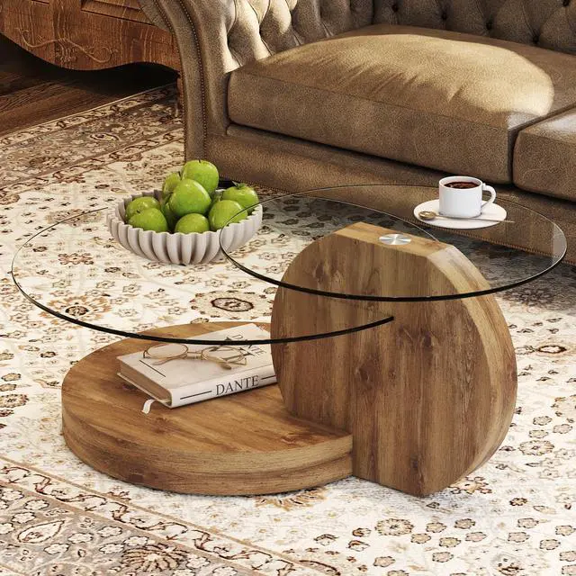 Alt view image 7 of 7 - 42 Inches Glass Coffee Table, Modern Round Tempered Glass Coffee Tables for Living Room, 3-Tier Circle Wood Coffee Table with Storage Clear Cocktail Table for Small Space Home Office (Wood)