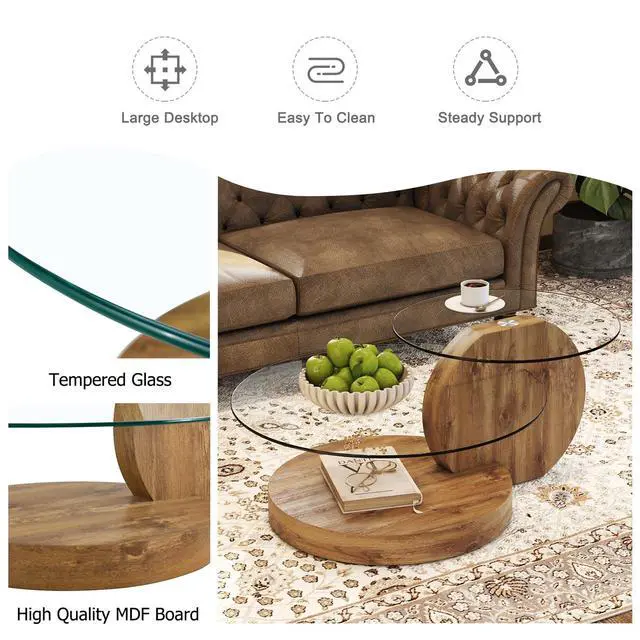 Alt view image 5 of 7 - 42 Inches Glass Coffee Table, Modern Round Tempered Glass Coffee Tables for Living Room, 3-Tier Circle Wood Coffee Table with Storage Clear Cocktail Table for Small Space Home Office (Wood)
