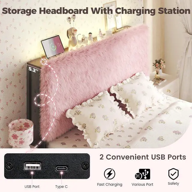 Alt view image 6 of 7 - Princess Headboard Twin Size for Girls, Upholstered Plush Headboard, 42.1" to 46.1" Adjustable Height, Pink