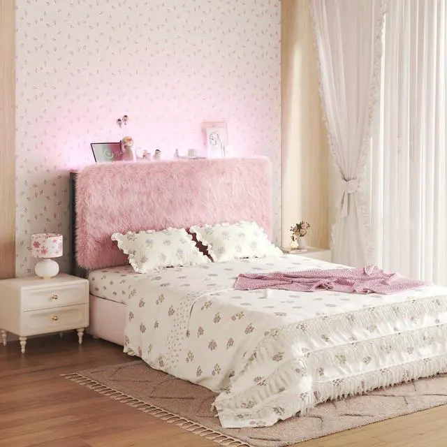 Alt view image 3 of 7 - Princess Headboard King Size, Upholstered Plush Headboard, 42.1" to 46.1" Adjustable Height, Pink